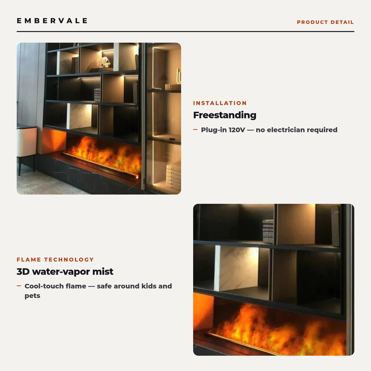 Smart Atomizing Fireplace Stove with Glass Panel, 3D Water Vapor Freestanding Electric — key features