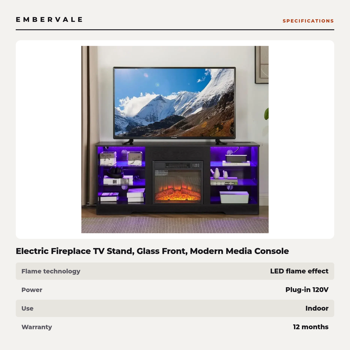 Electric Fireplace TV Stand, Glass Front, Modern Media Console Entertainment Center — specifications