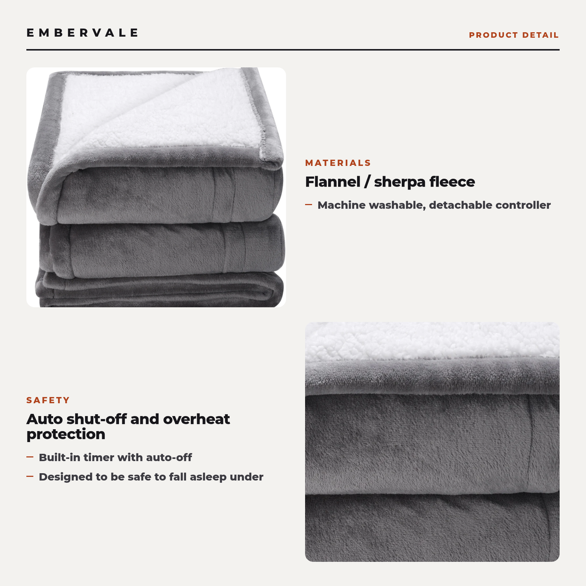 Electric Heated Throw Blanket, 5 Heat Levels, Soft Flannel Sherpa, Auto Shut-Off — key features