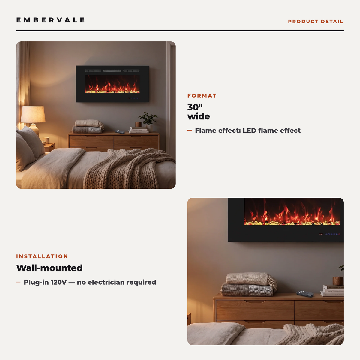 30 Inch Wall Mounted Electric Fireplace with Timer & Adjustable Flames, Compact Slim — key features