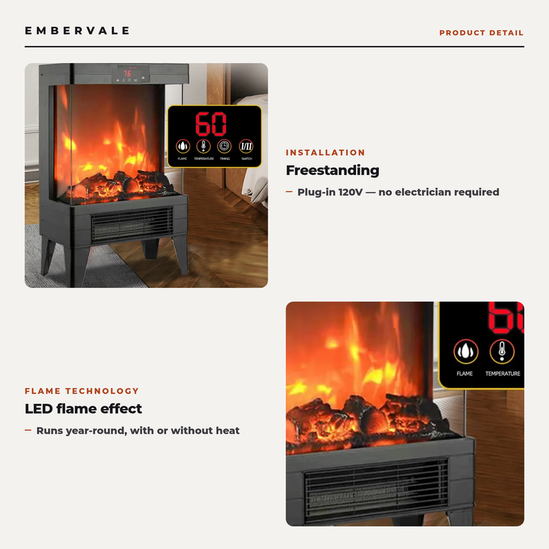 Freestanding 3D Flame Electric Fireplace Heater, Smokeless Indoor Fireplace Stove — key features