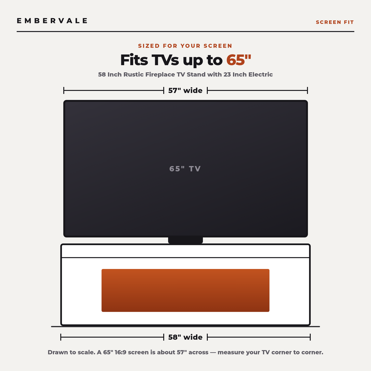 58 Inch Rustic Fireplace TV Stand with 23 Inch Electric Fireplace & Crackling Sound — TV size fit diagram