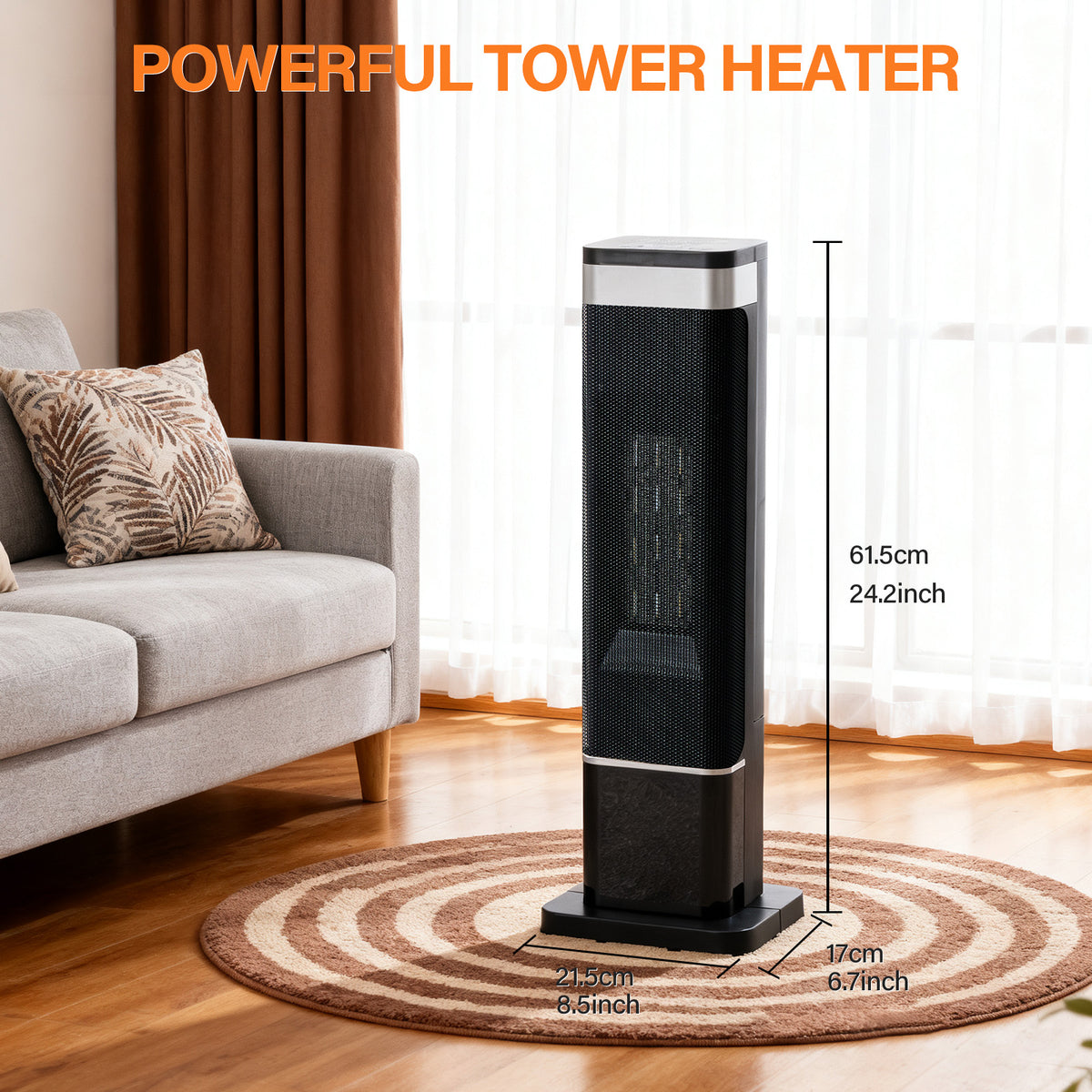 24-inch tower heater beside a sofa