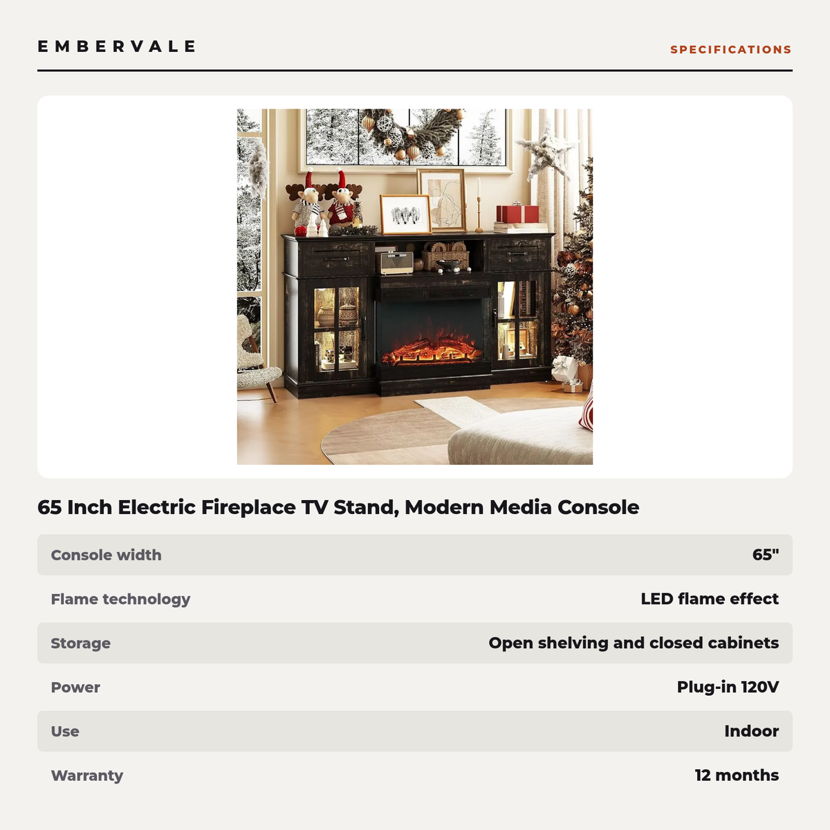 65 Inch Electric Fireplace TV Stand, Modern Media Console Entertainment Center, Storage — specifications