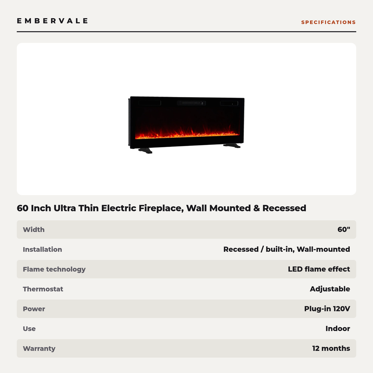 60 Inch Ultra Thin Electric Fireplace, Wall Mounted & Recessed Space Heater — specifications