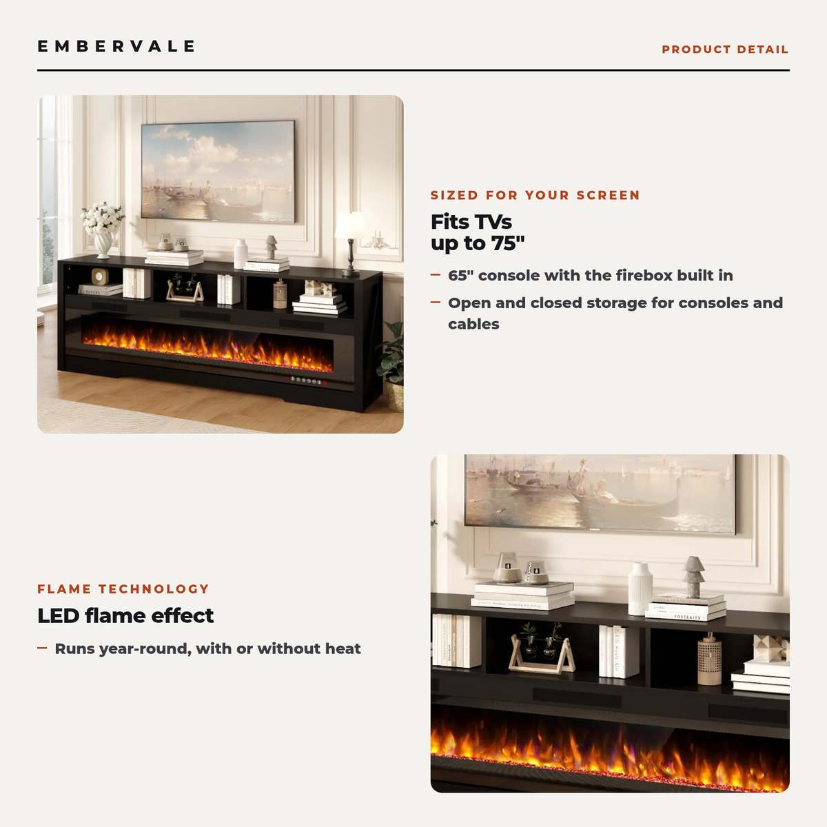 65 Inch Electric Fireplace TV Stand for TVs up to 75 Inch, Glass Front, Modern Media — key features
