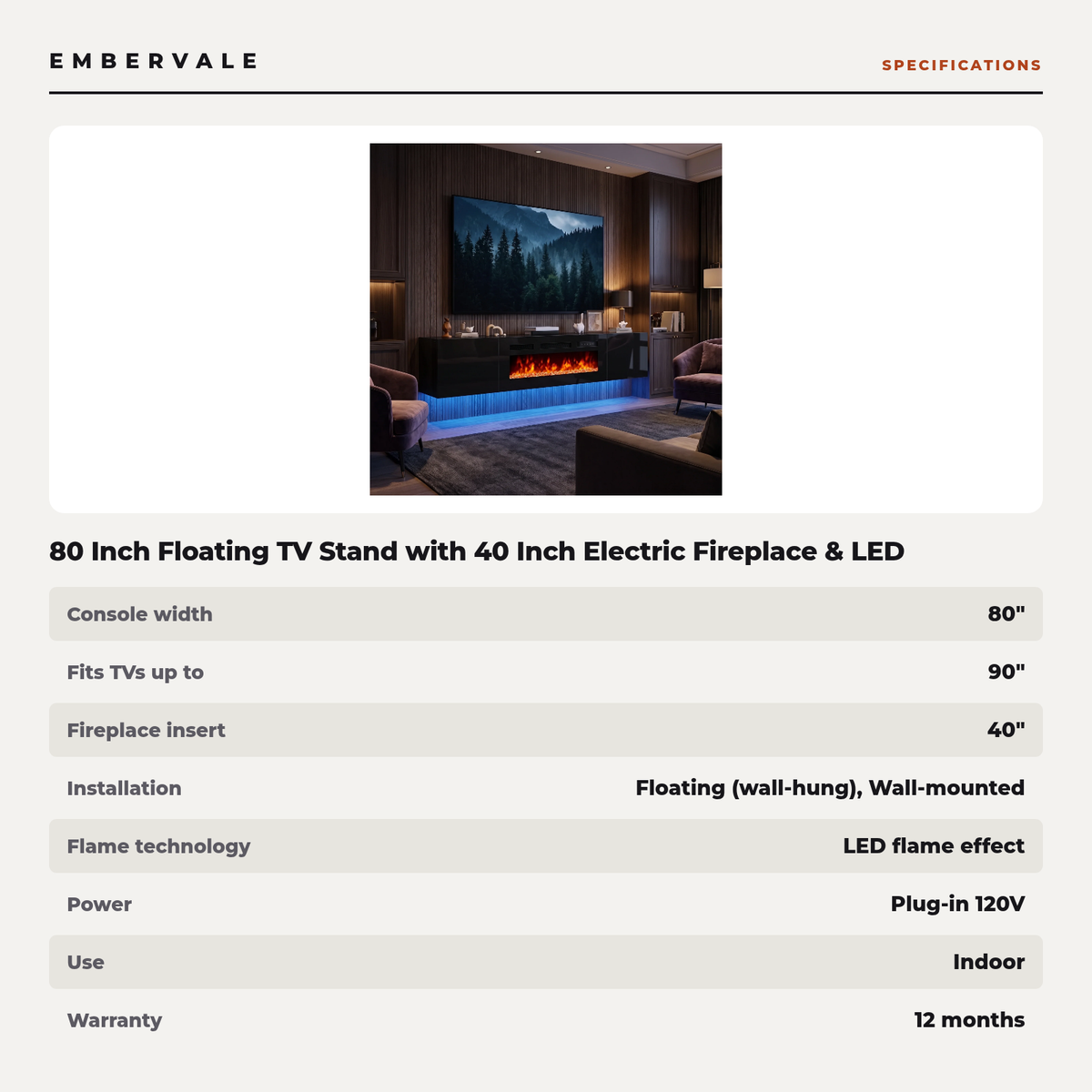 80 Inch Floating TV Stand with 40 Inch Electric Fireplace & LED Lights, Wall Mounted — specifications