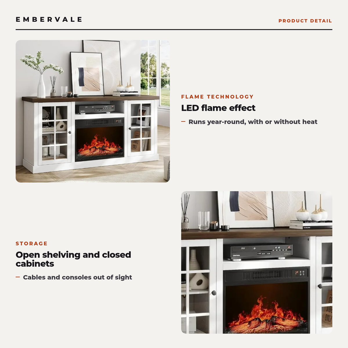 Electric Fireplace TV Stand, Modern Media Console Entertainment Center, Storage Cabinets — key features