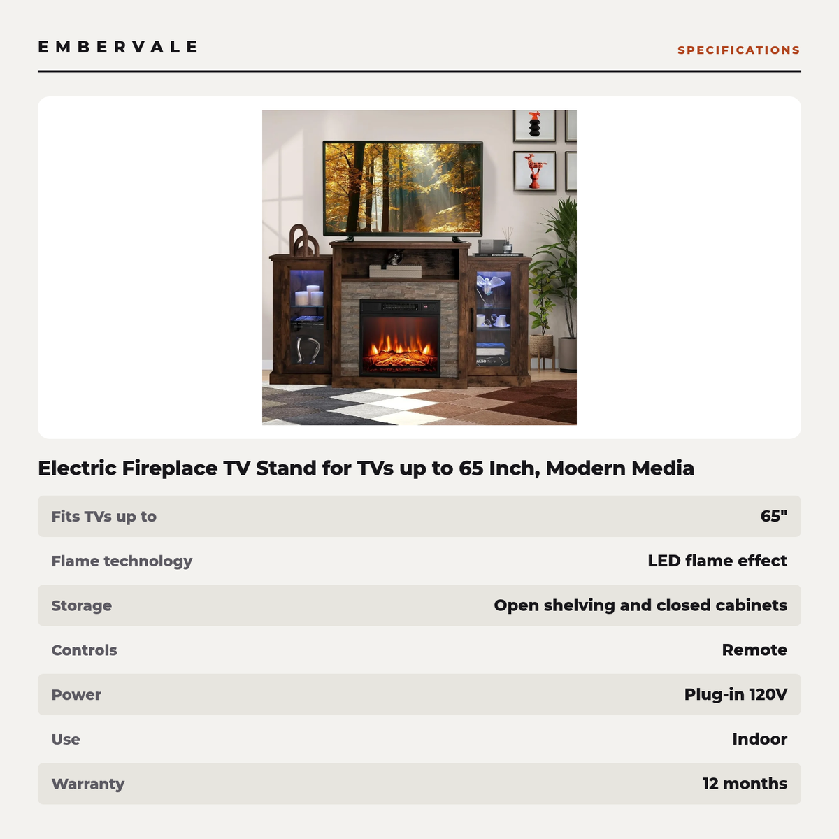 Electric Fireplace TV Stand for TVs up to 65 Inch, Modern Media Console Entertainment — specifications