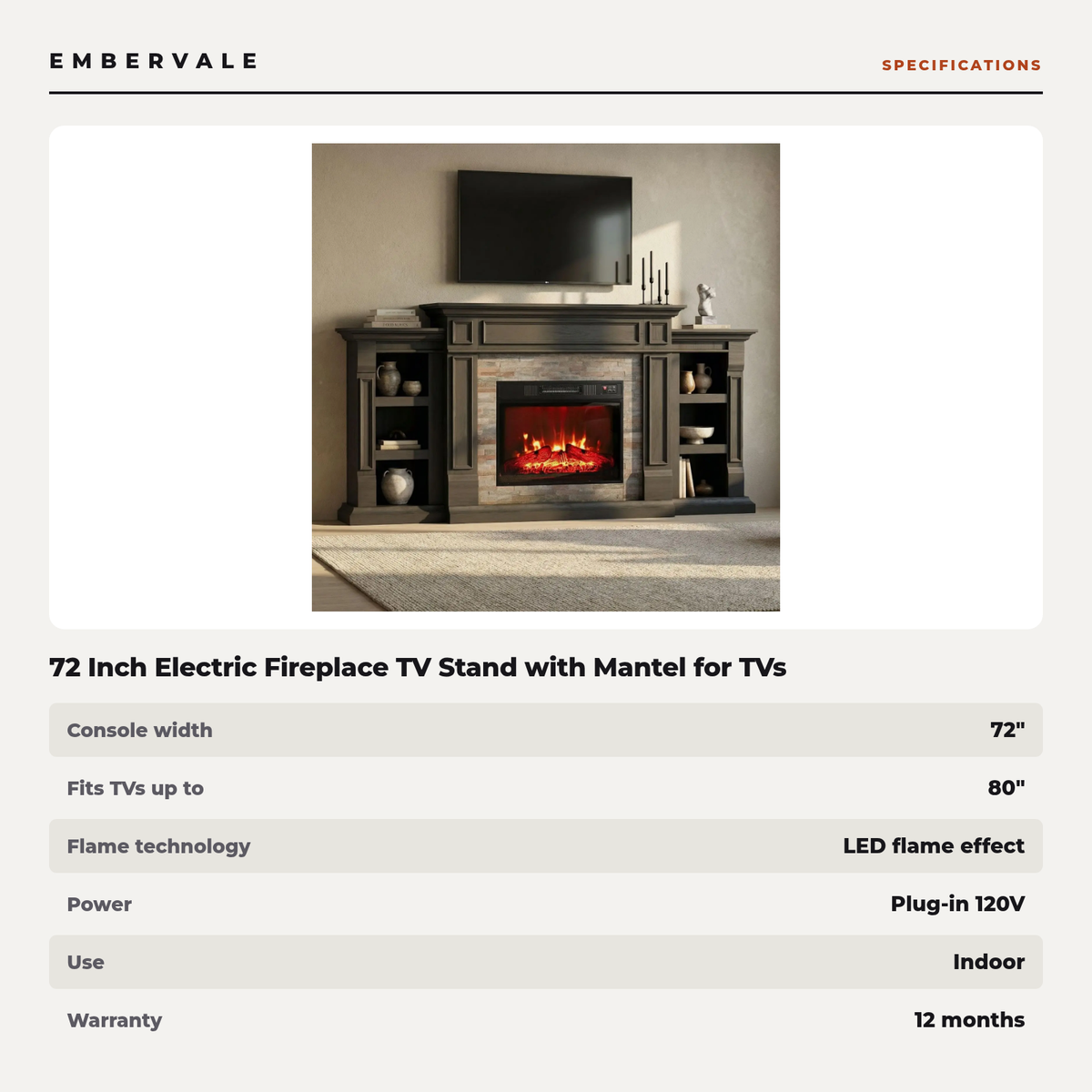 72 Inch Electric Fireplace TV Stand with Mantel for TVs up to 80 Inch, Modern Black — specifications