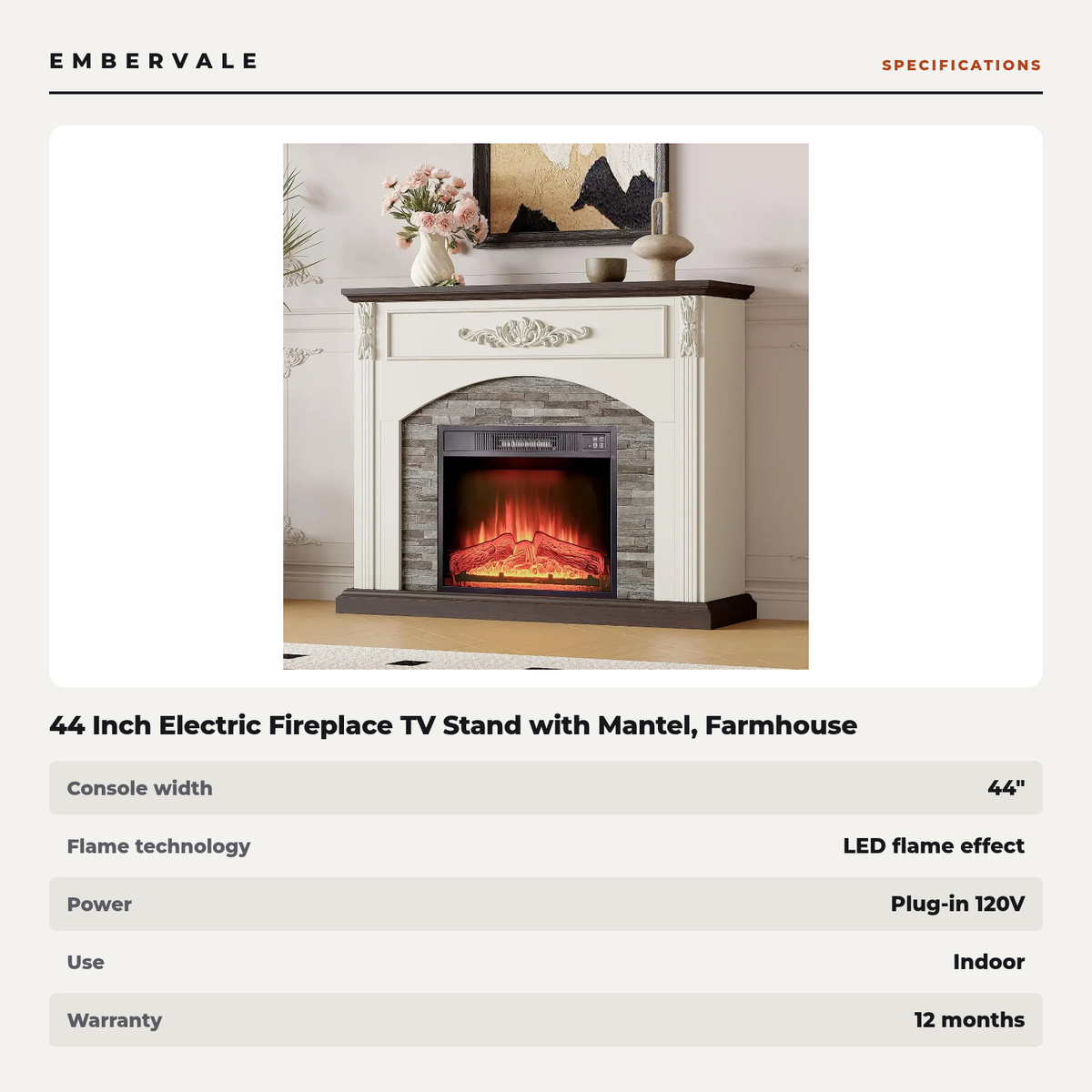 44 Inch Electric Fireplace TV Stand with Mantel, Farmhouse Stacked Stone Surround, White — specifications