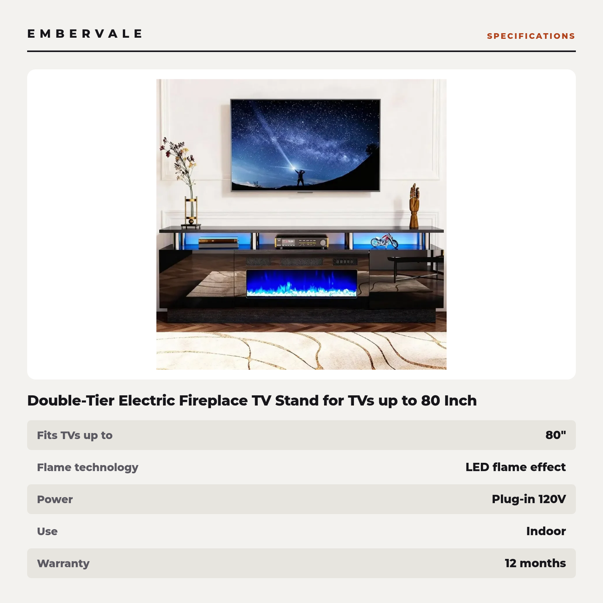 Double-Tier Electric Fireplace TV Stand for TVs up to 80 Inch with LED Lights, Black — specifications