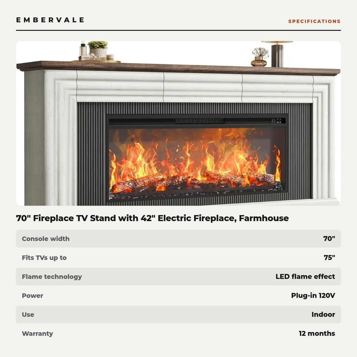 70" Fireplace TV Stand with 42" Electric Fireplace, Farmhouse TV Stand for 65 75 Inch — specifications