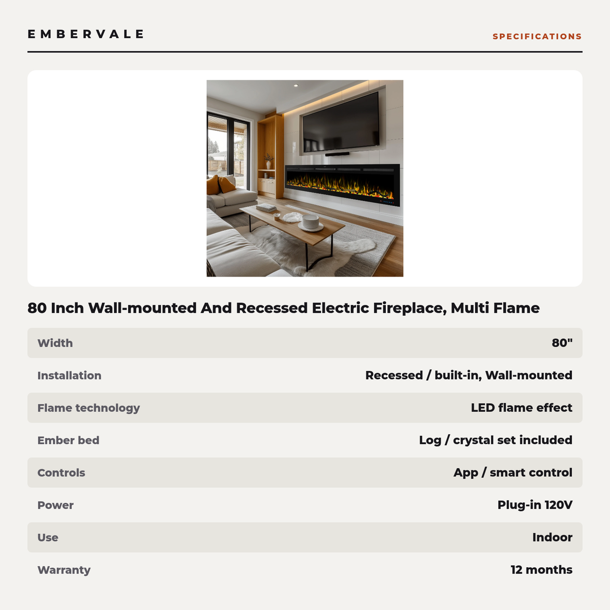 80 Inch Wall-mounted And Recessed Electric Fireplace, Multi Flame And Log Bed Colors — specifications