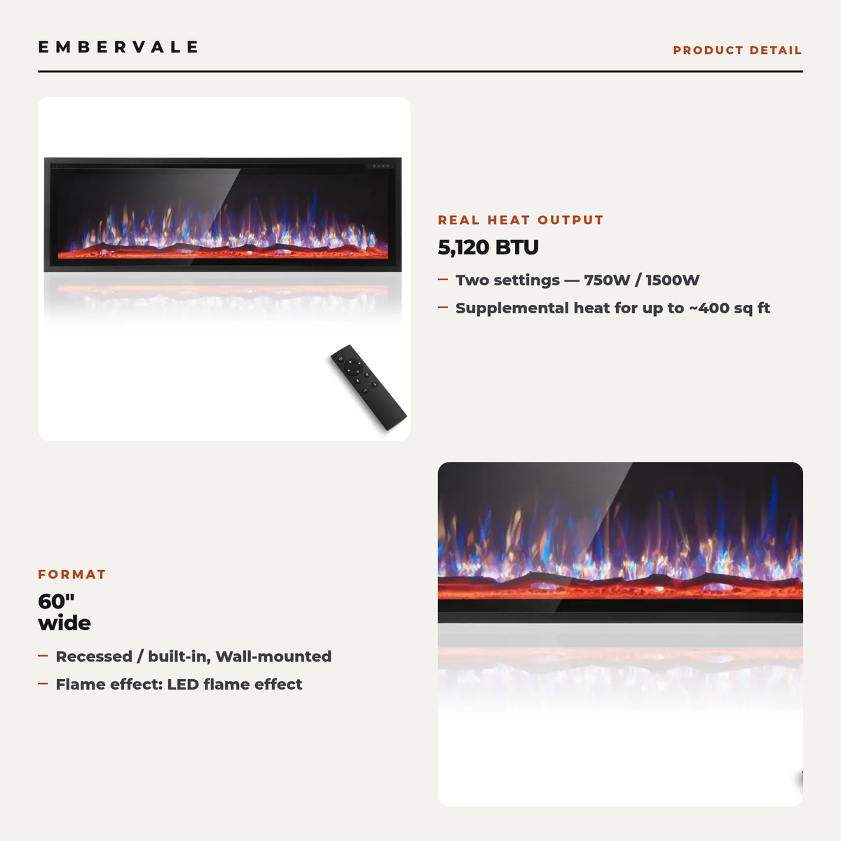 Electric Fireplace 60 inch Wall Mounted, Fireplace Heater 750 1500W Smart Heat — key features