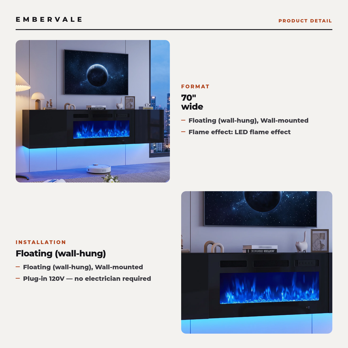 70 Inch Floating TV Stand with 36 Inch Electric Fireplace, Wall Mounted Entertainment — key features