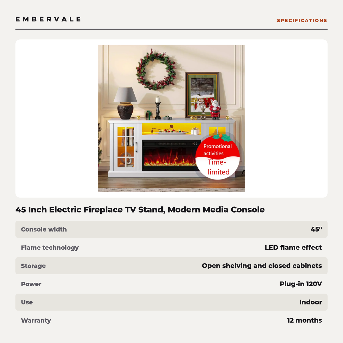 45 Inch Electric Fireplace TV Stand, Modern Media Console Entertainment Center, Storage — specifications