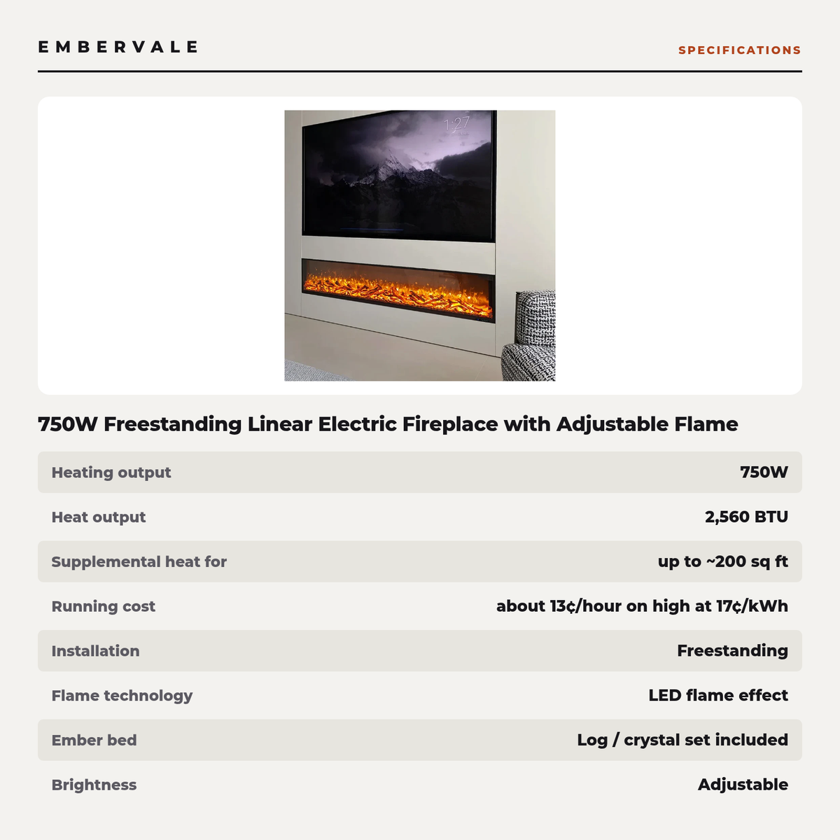 750W Freestanding Linear Electric Fireplace with Adjustable Flame Brightness, Crystal — specifications