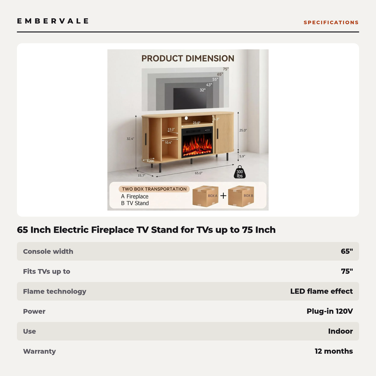 65 Inch Electric Fireplace TV Stand for TVs up to 75 Inch, Modern Media Console — specifications