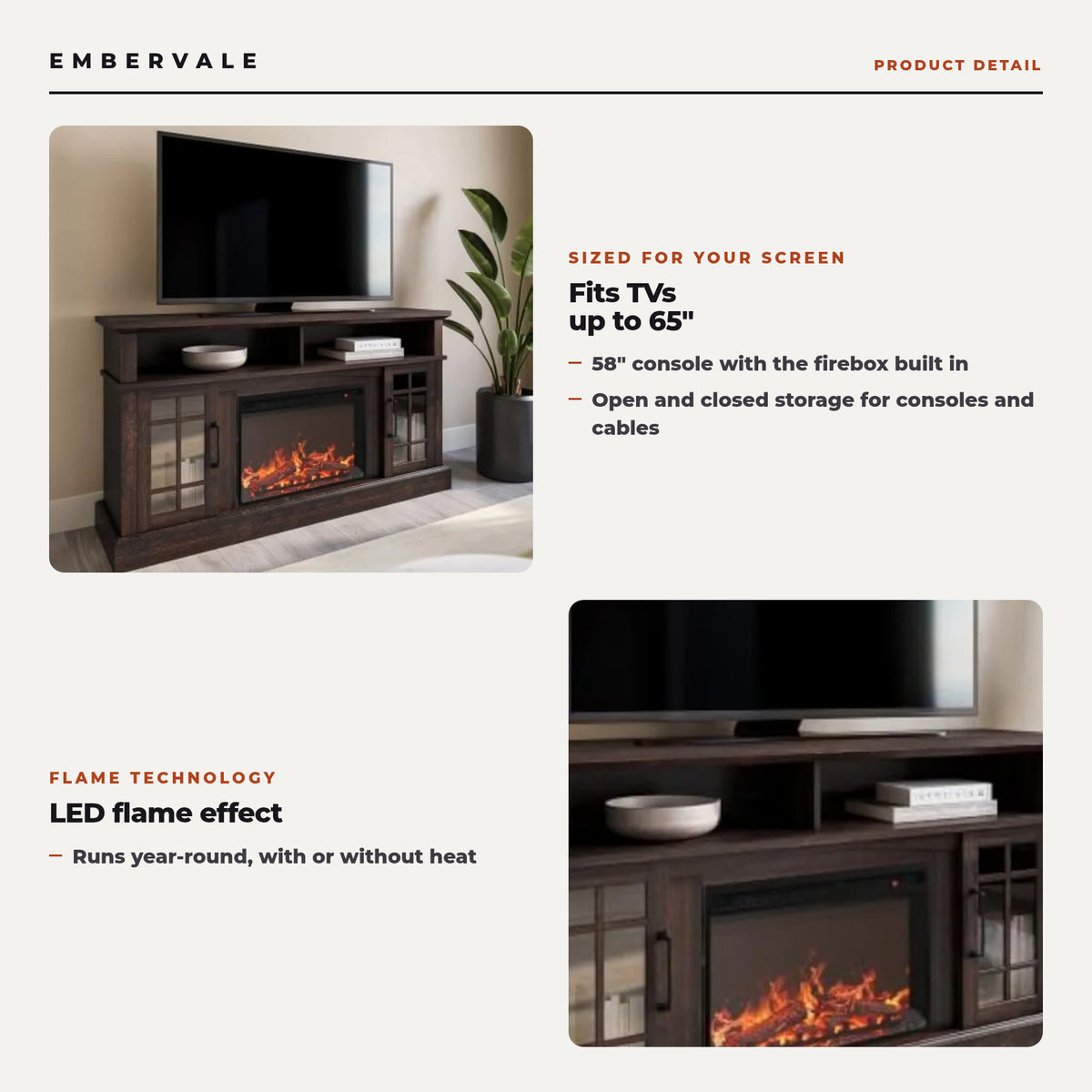 58 Inch Rustic Fireplace TV Stand with 23 Inch Electric Fireplace & Crackling Sound — key features