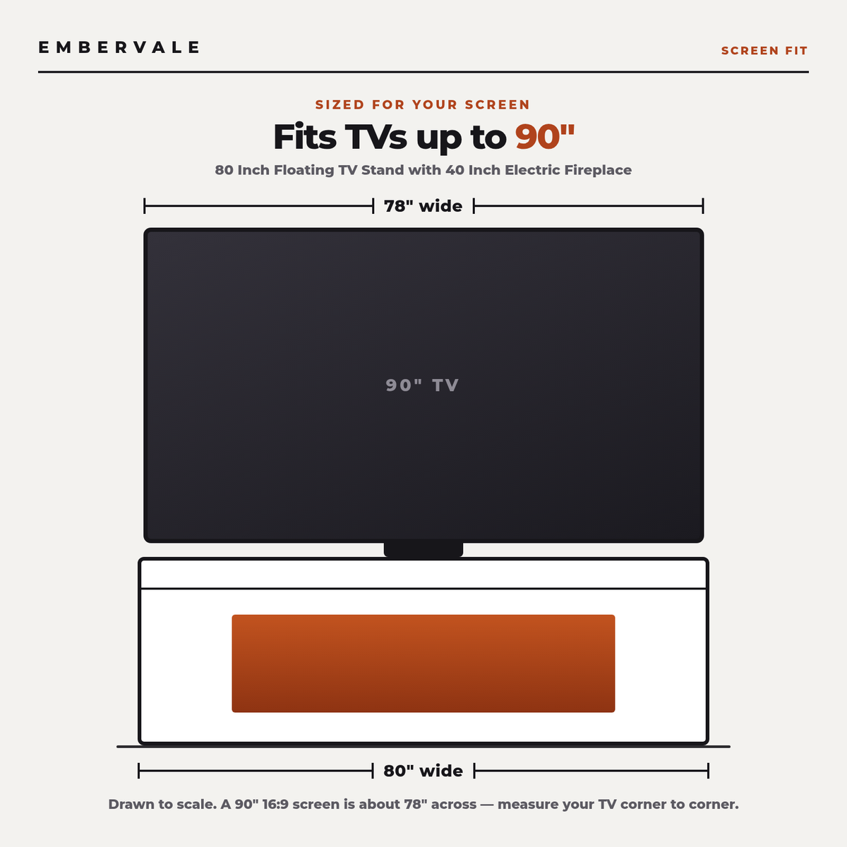 80 Inch Floating TV Stand with 40 Inch Electric Fireplace & LED Lights, Wall Mounted — TV size fit diagram
