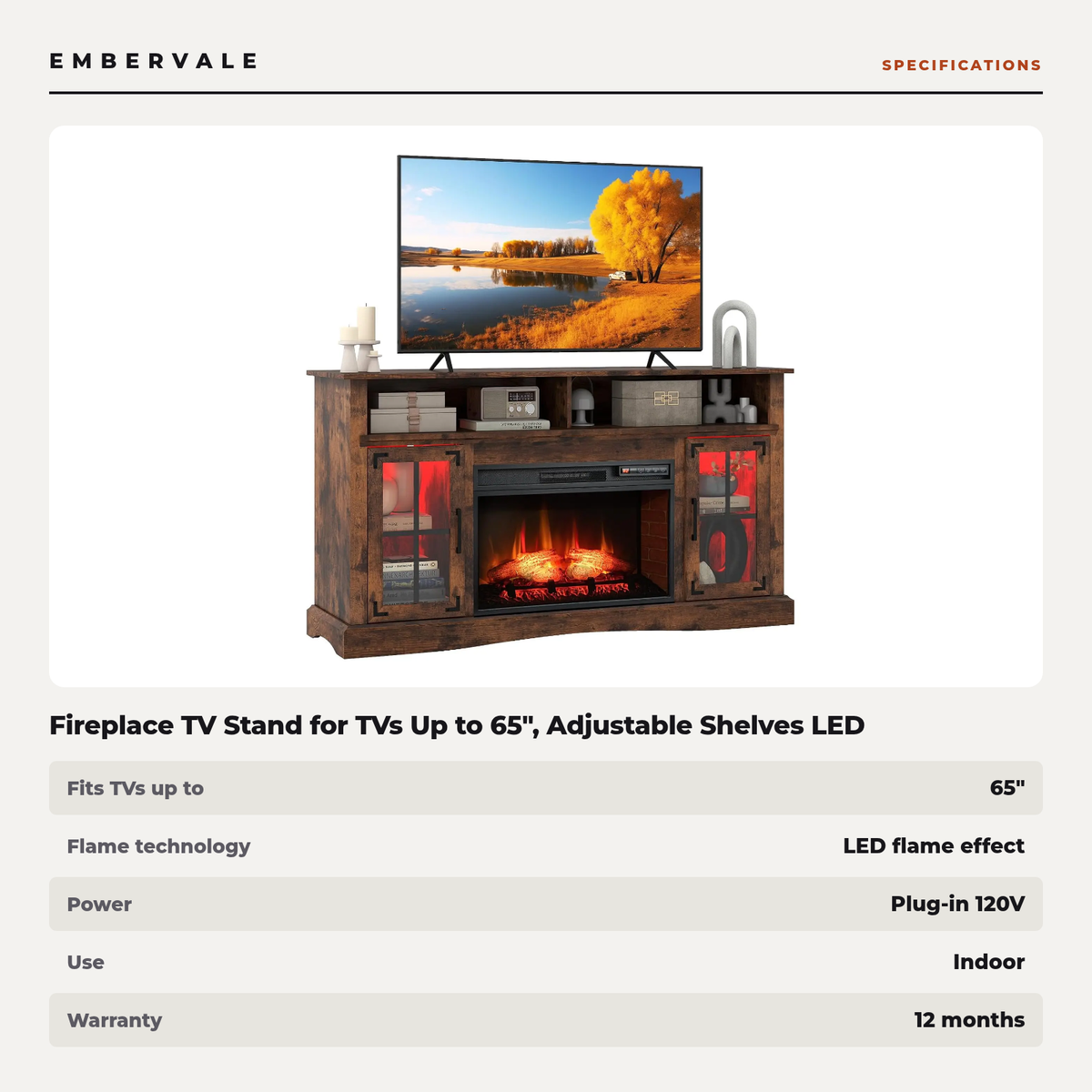 Fireplace TV Stand for TVs Up to 65", Adjustable Shelves LED Light Entertainment Center — specifications