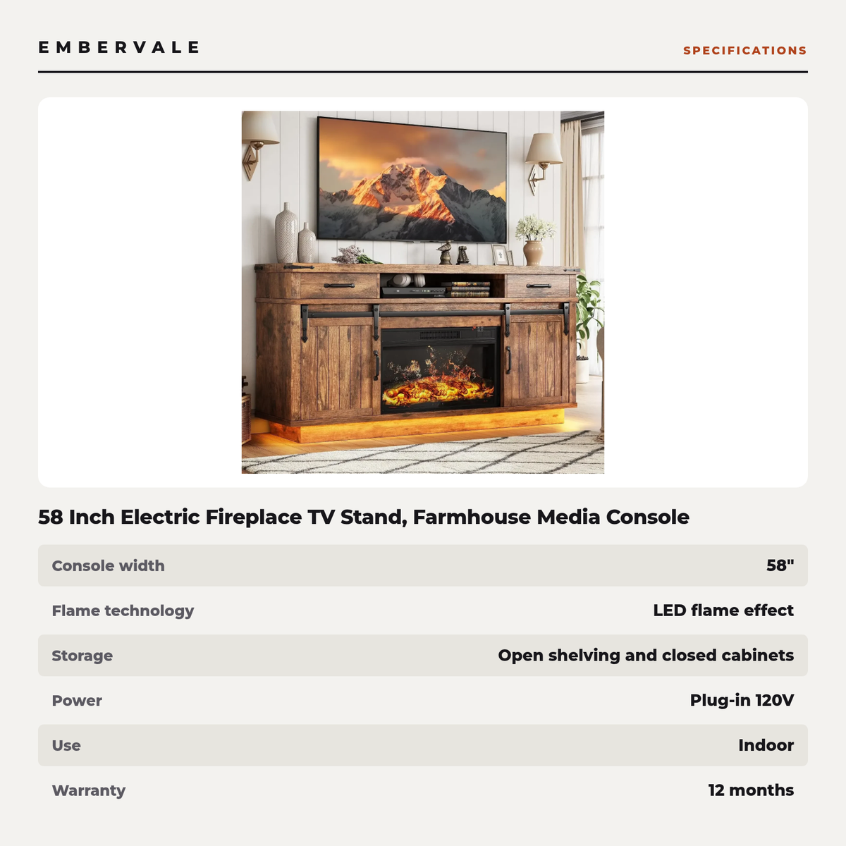 58 Inch Electric Fireplace TV Stand, Farmhouse Media Console Entertainment Center — specifications