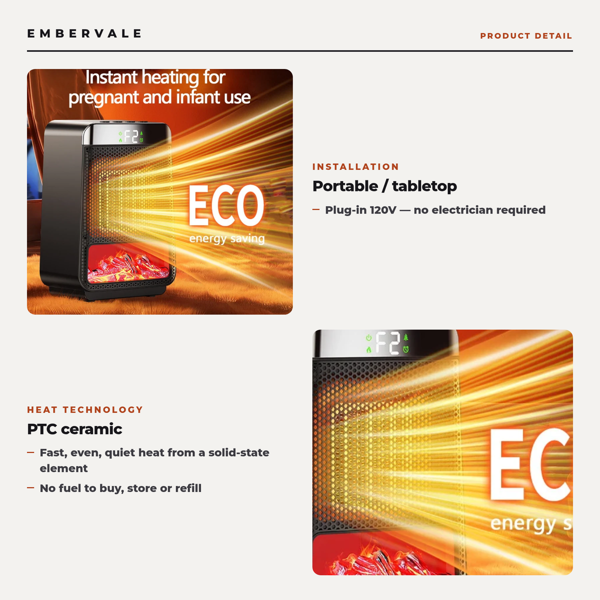 Portable Electric Space Heater, PTC Ceramic Heating, Overheat Protection for Desks — key features