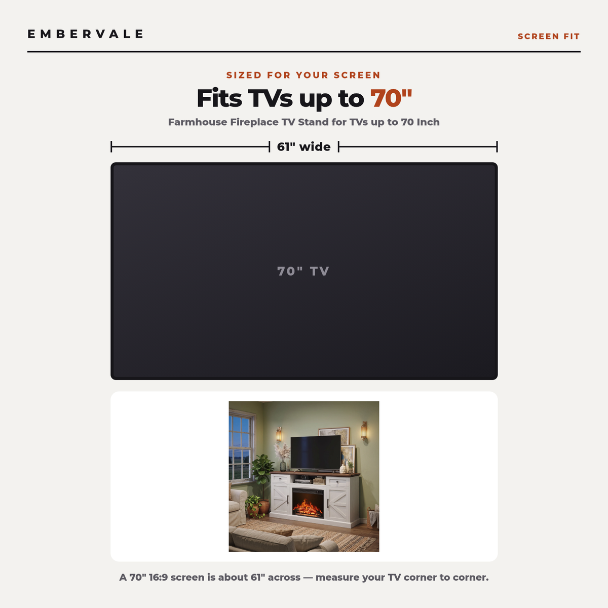 Farmhouse Fireplace TV Stand for TVs up to 70 Inch, Entertainment Center with 23 Inch — TV size fit diagram
