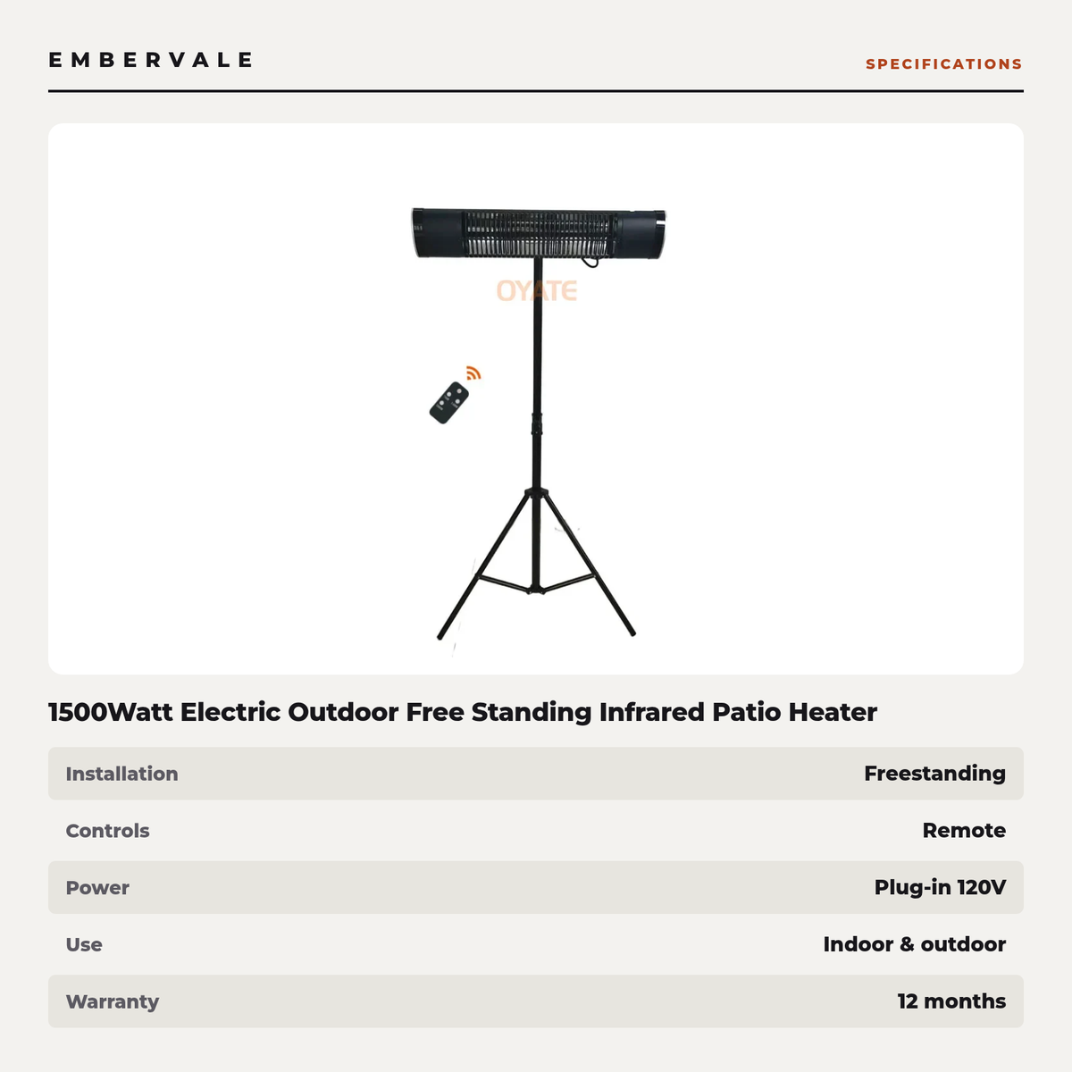 1500Watt Electric Outdoor Free Standing Infrared Patio Heater with Remote Control — specifications