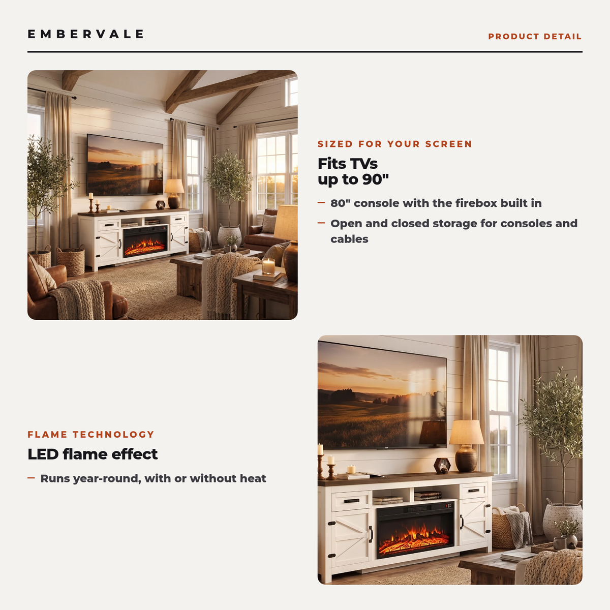 80 Inch Farmhouse Fireplace TV Stand with Barn Doors for TVs up to 90 Inch, Electric — key features