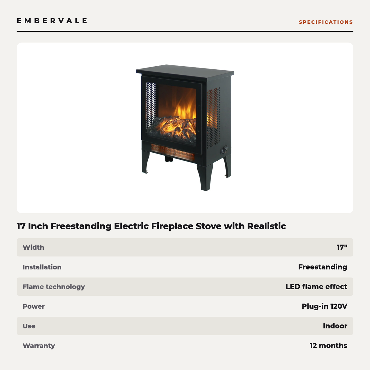 17 Inch Freestanding Electric Fireplace Stove with Realistic 3D Flame, Compact Portable — specifications