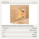 Portable Electric Space Heater, Thermostat, PTC Ceramic Heating, Overheat Protection — specifications