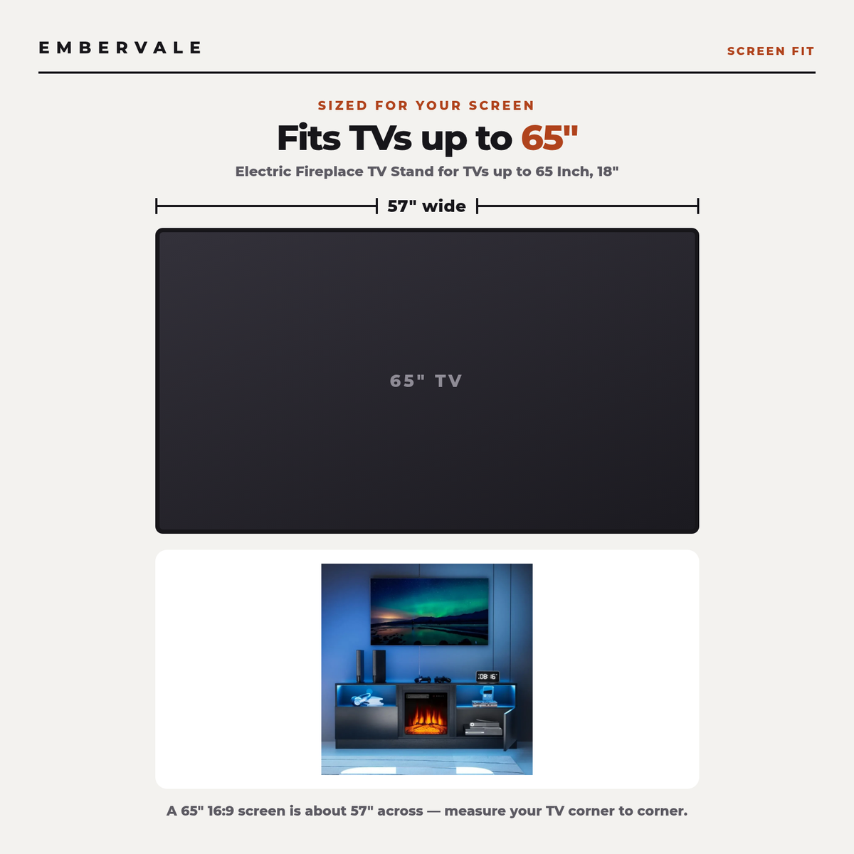 Electric Fireplace TV Stand for TVs up to 65 Inch, 18" Firebox for Living Rooms — TV size fit diagram