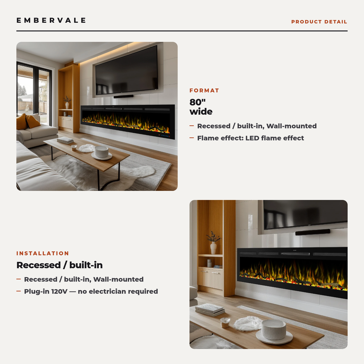 80 Inch Wall-mounted And Recessed Electric Fireplace, Multi Flame And Log Bed Colors — key features