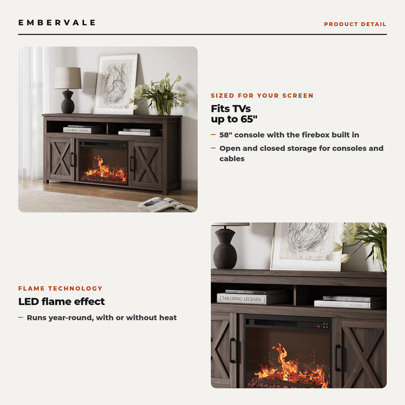 58 Inch Electric Fireplace TV Stand for TVs up to 65 Inch, 23" Firebox, Farmhouse Media — key features