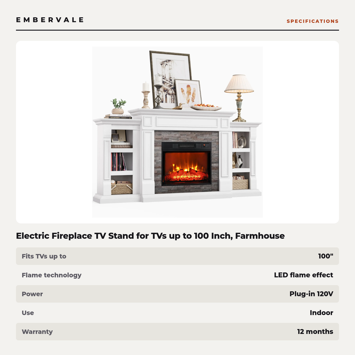 Electric Fireplace TV Stand for TVs up to 100 Inch, Farmhouse Media Console Entertainment — specifications