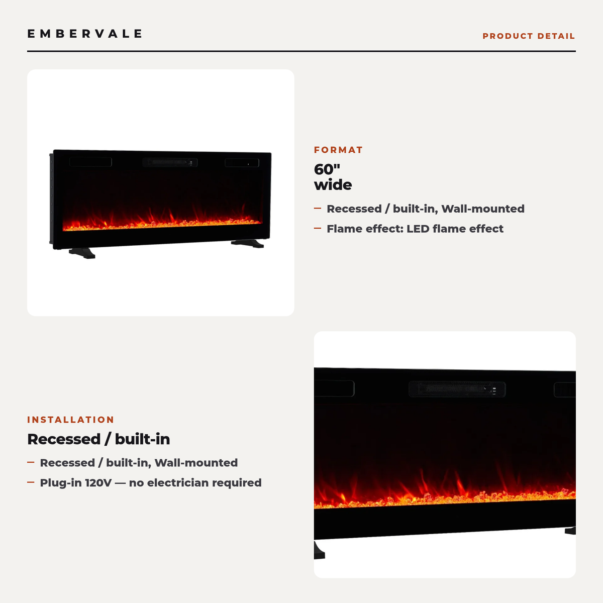 60 Inch Ultra Thin Electric Fireplace, Wall Mounted & Recessed Space Heater — key features