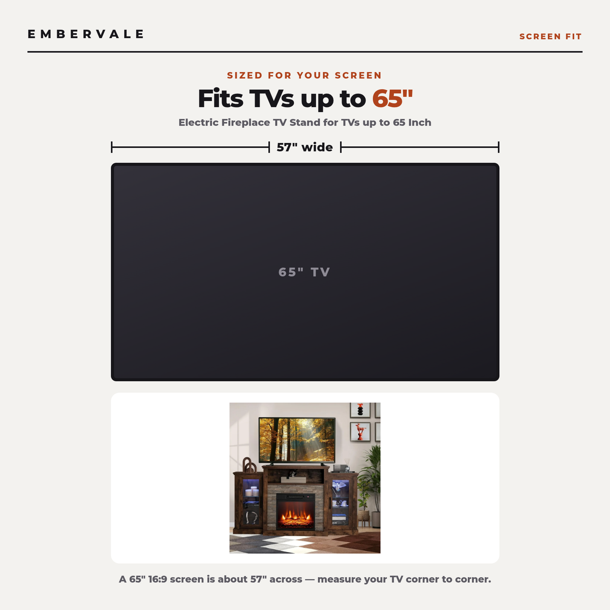 Electric Fireplace TV Stand for TVs up to 65 Inch, Modern Media Console Entertainment — TV size fit diagram