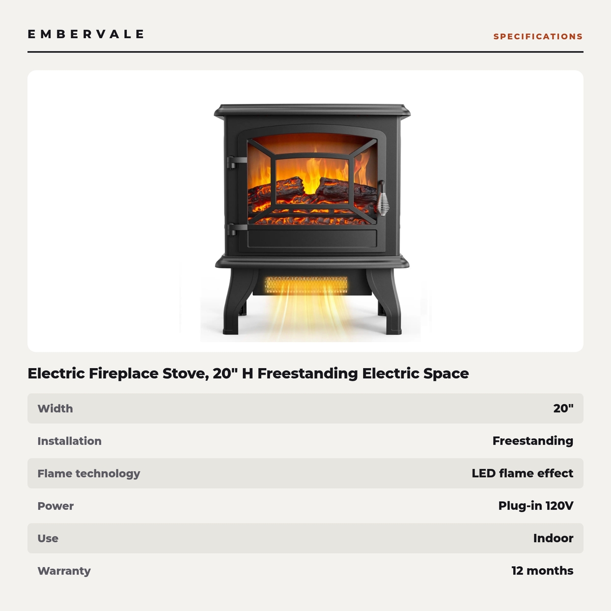 Electric Fireplace Stove, 20" H Freestanding Electric Space Heater with Temperature — specifications