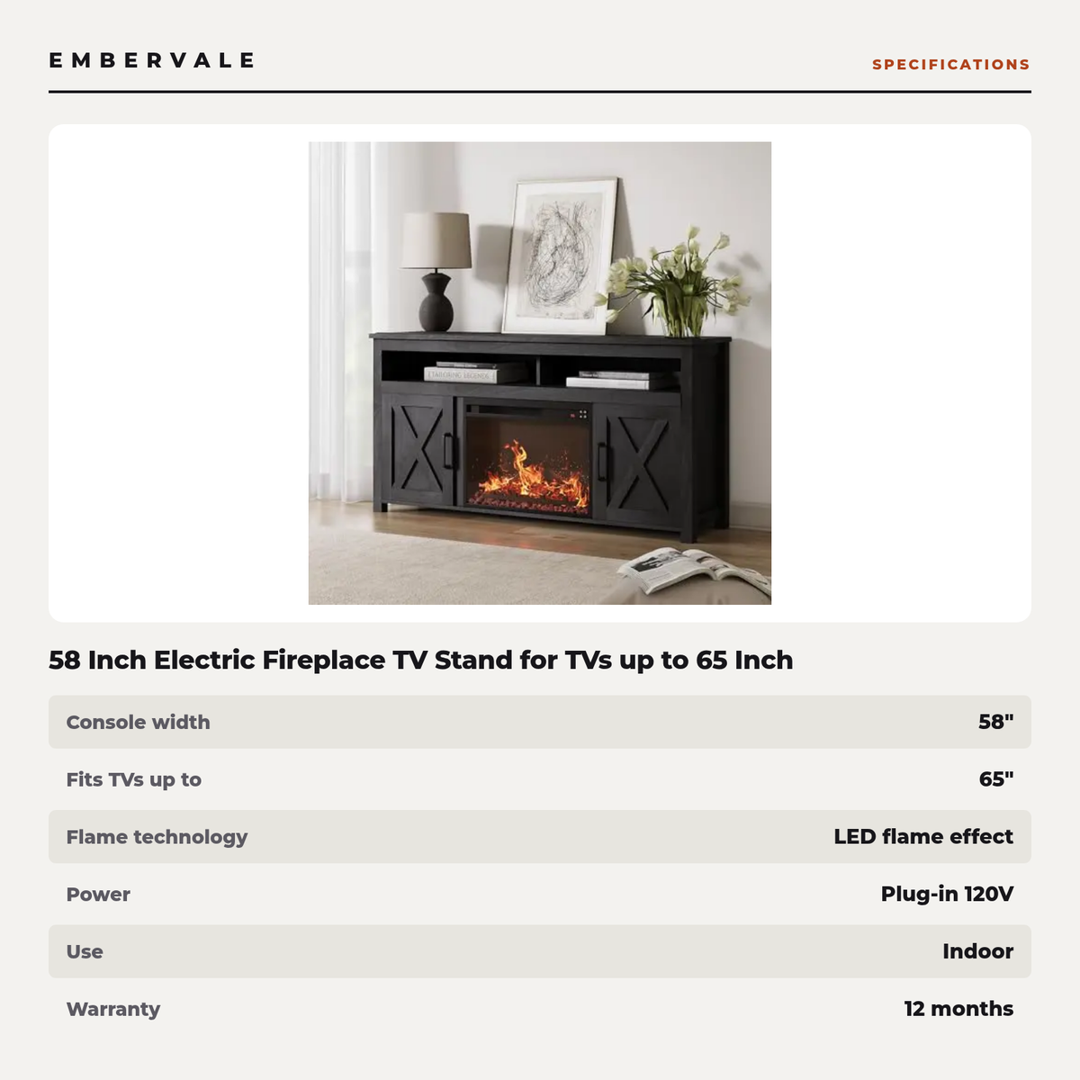 58 Inch Electric Fireplace TV Stand for TVs up to 65 Inch, Farmhouse Media Console — specifications