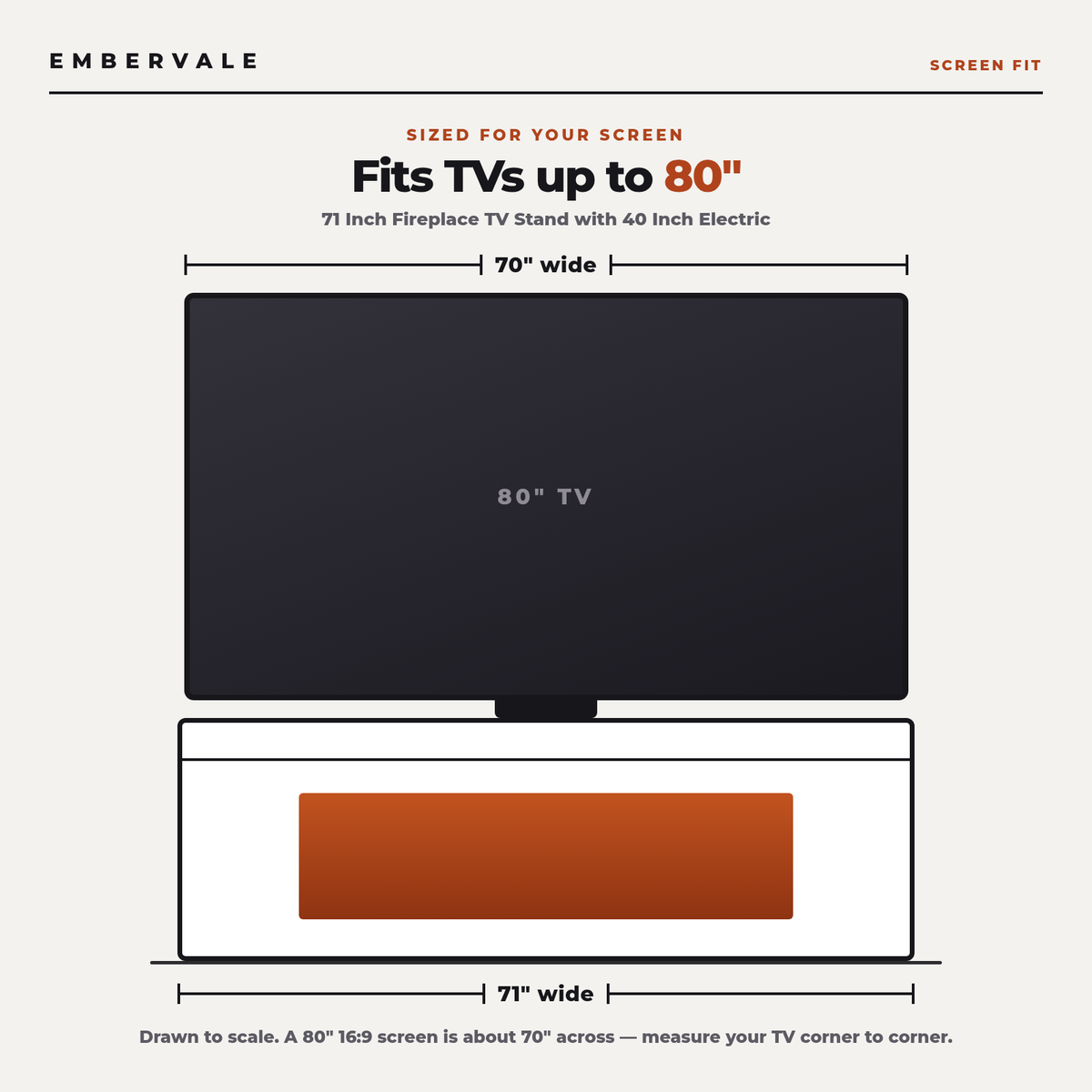 71 Inch Fireplace TV Stand with 40 Inch Electric Fireplace & Power Outlet for 80 Inch — TV size fit diagram