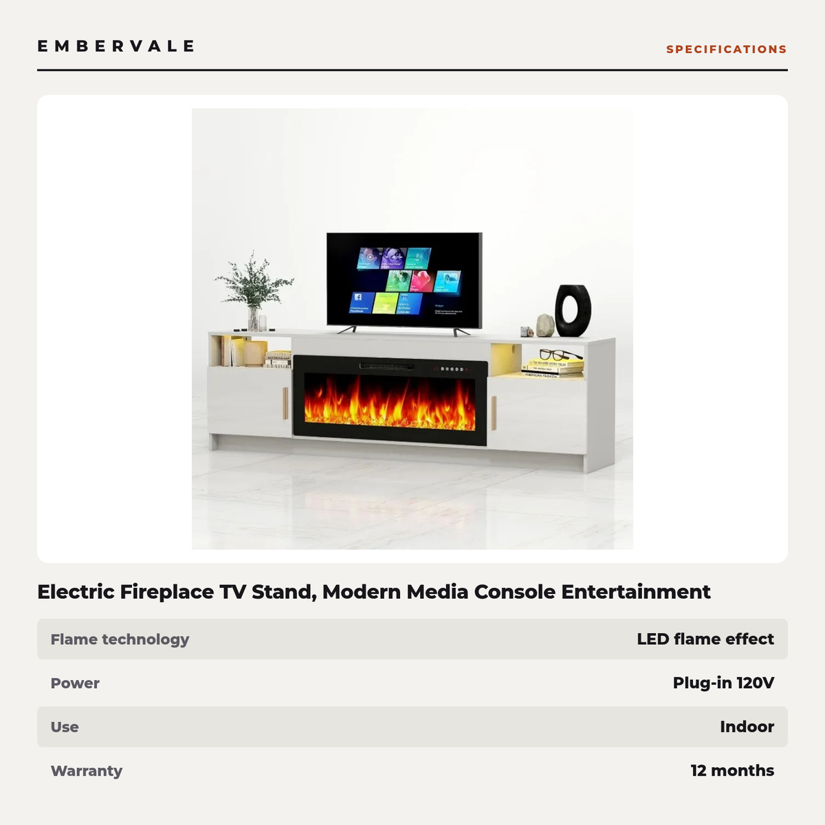Electric Fireplace TV Stand, Modern Media Console Entertainment Center, Adjustable LED — specifications