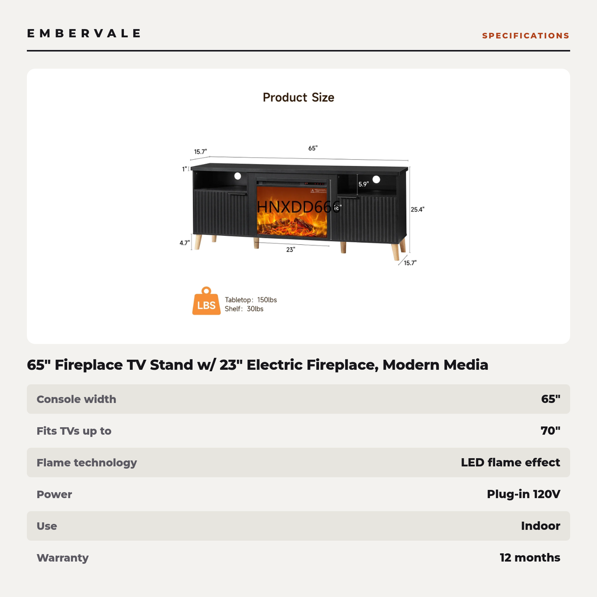65" Fireplace TV Stand w/ 23" Electric Fireplace, Modern Media Entertainment Center — specifications
