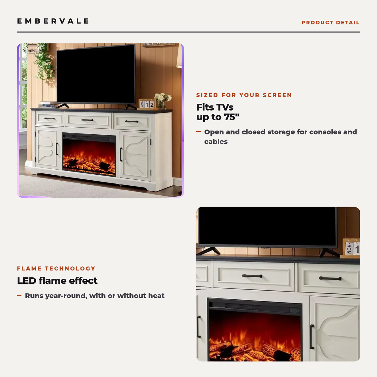 Fireplace TV Stand for TVs Up to 75 Inch, Electric Media Entertainment Center — key features