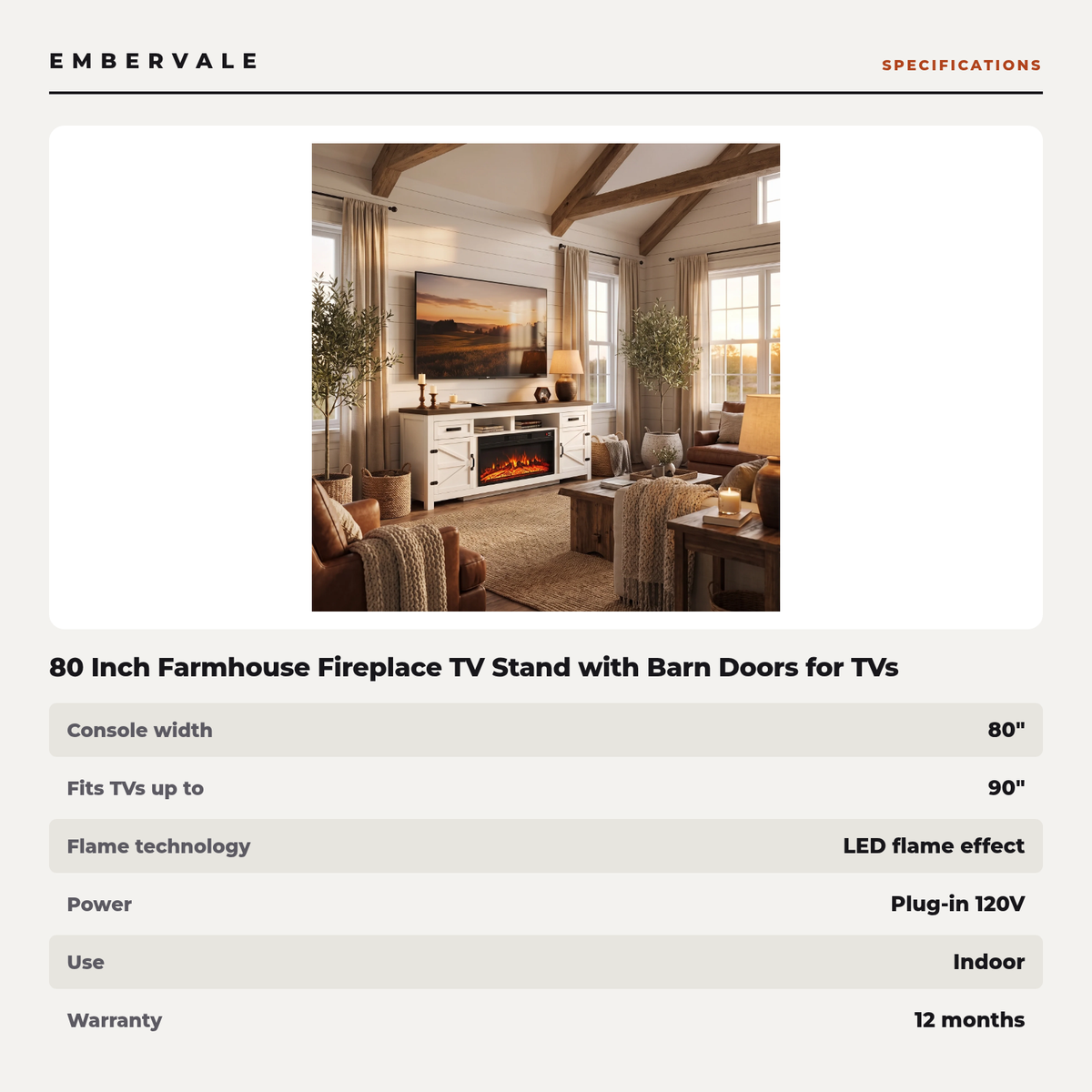80 Inch Farmhouse Fireplace TV Stand with Barn Doors for TVs up to 90 Inch, Electric — specifications