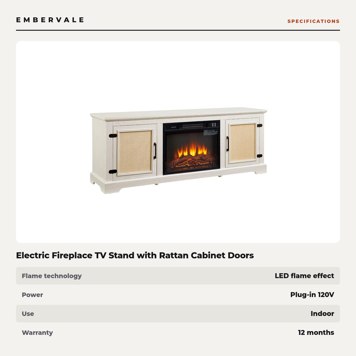 Electric Fireplace TV Stand with Rattan Cabinet Doors, Modern Media Console Entertainment — specifications