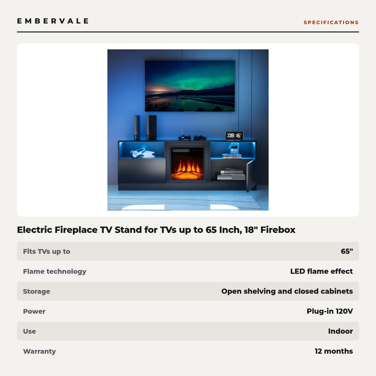 Electric Fireplace TV Stand for TVs up to 65 Inch, 18" Firebox for Living Rooms — specifications