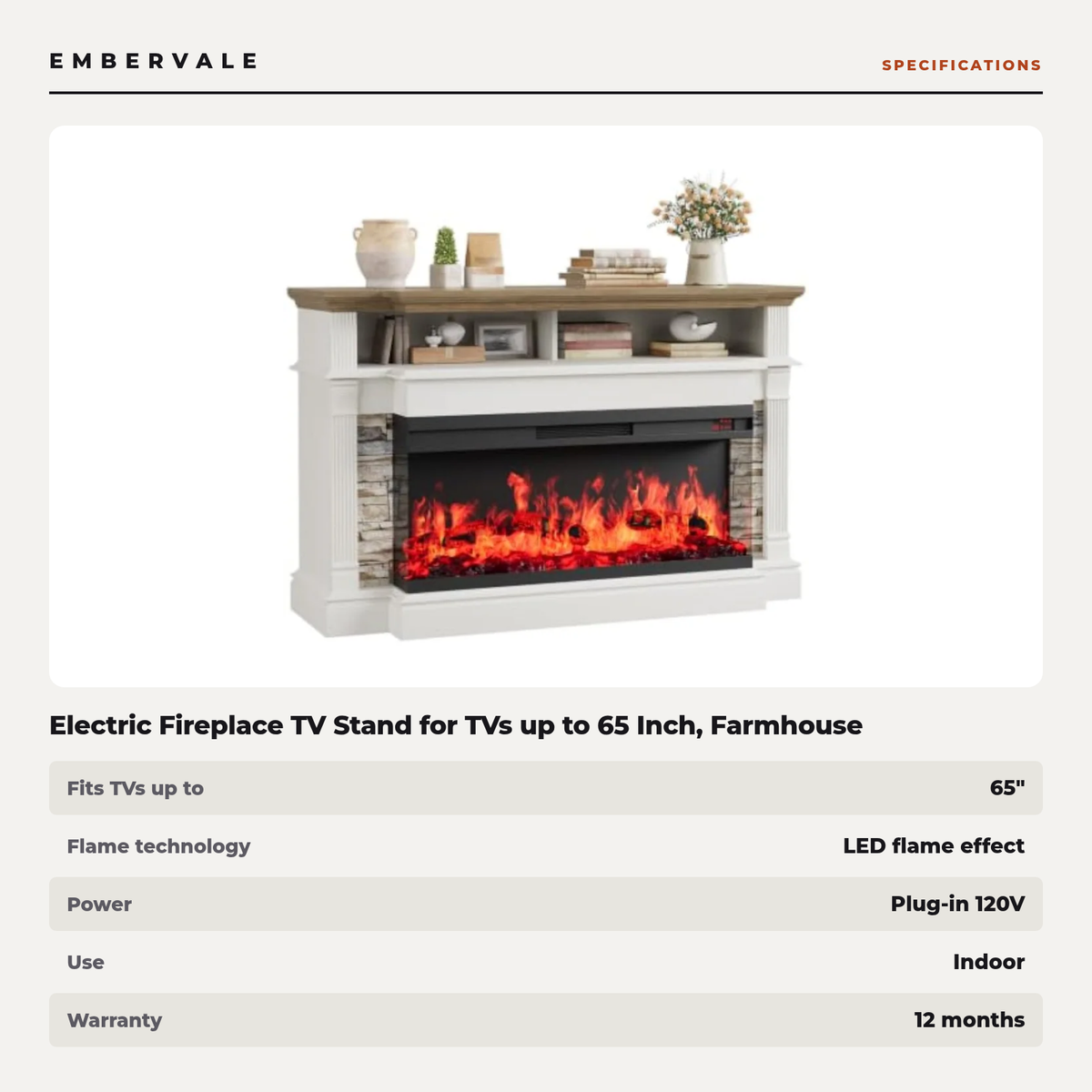 Electric Fireplace TV Stand for TVs up to 65 Inch, Farmhouse Media Console Entertainment — specifications