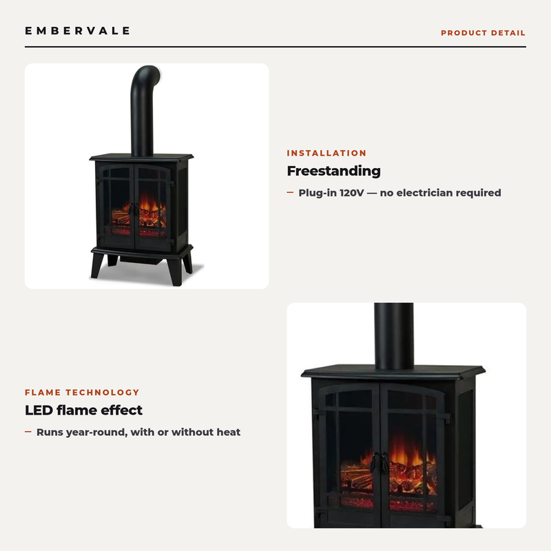 Stove Electric Fireplace for Living Room or Bedroom, Realistic Log and Flame Effect — key features